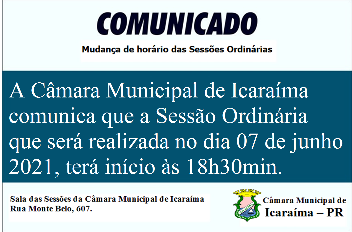 Alteração de horário de Sessão Ordinária da Câmara Municipal de Icaraíma.